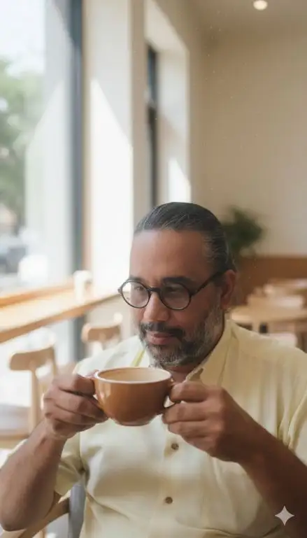 Utilice la foto de referencia adjunta como protagonista, manteniendo la coherencia en todos los rasgos faciales. Retrato íntimo de estilo de vida en una cafetería minimalista. El sujeto sostiene una taza de café y la acerca a los labios. La luz natural se cuela por un gran ventanal, proyectando suaves luces y sombras sobre el rostro. Capturado con un objetivo de 50 mm f/1.8 para un bokeh cremoso. El fondo está suavemente difuminado con cálidos tonos tierra. Las ligeras filtraciones de luz y las imperfecciones naturales aportan realismo. El encuadre editorial cinematográfico se centra únicamente en el sujeto. La atmósfera es elegante y relajada, con una sutil profundidad y narrativa.