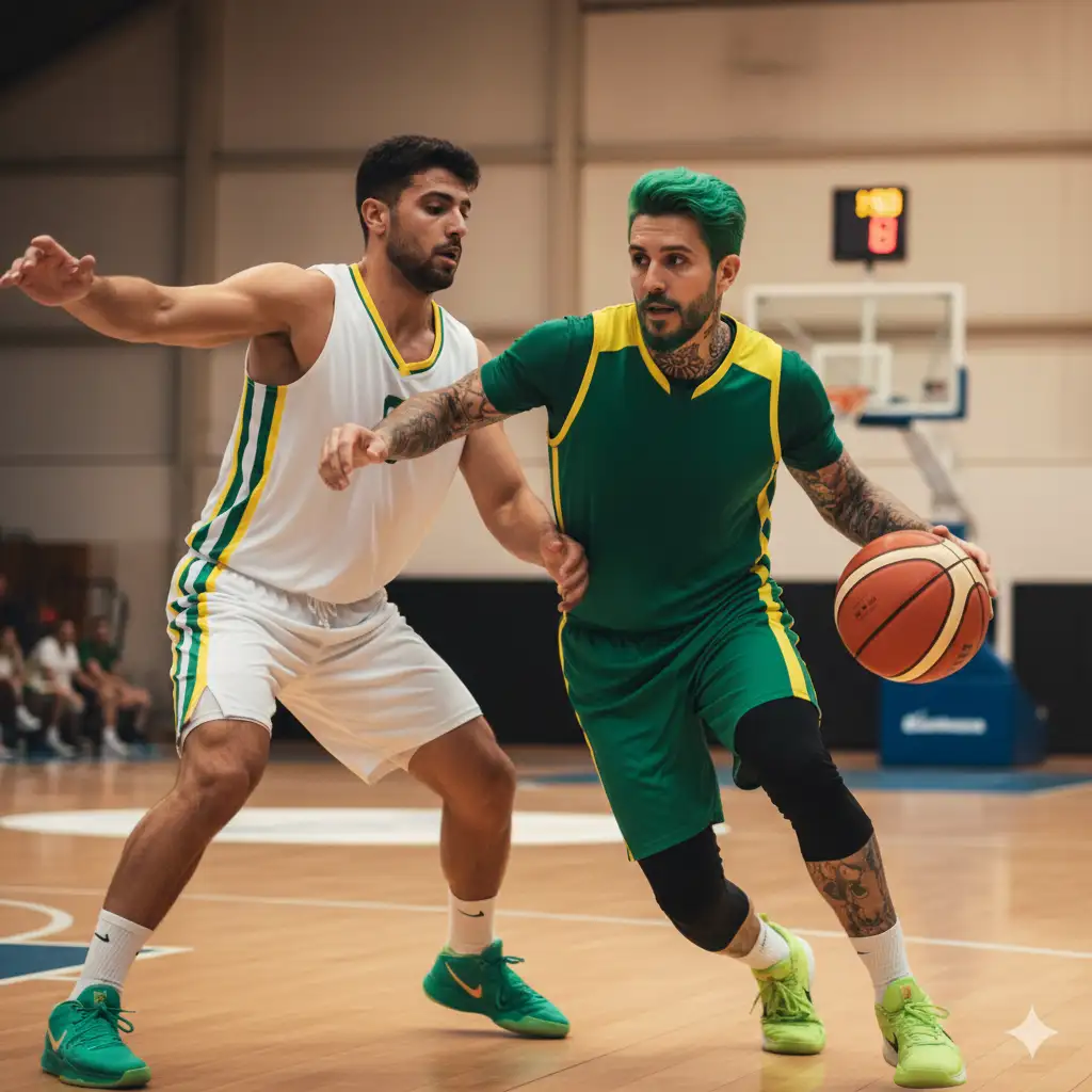 Ultra realistic 8K action photo of an athletic person(use the uploaded picture as reference for the face) playing basketball, another athletic person of the same age playing tight close defense, both sweating and intensely competitive, sharp detail on faces and green jerseys with yellow stripes, warm indoor gym lighting with natural wood tones, basketball goal visible in the background, edges motion blurred for energy, professional sports photography look, cinematic realism. Aspect ratio: 9:16