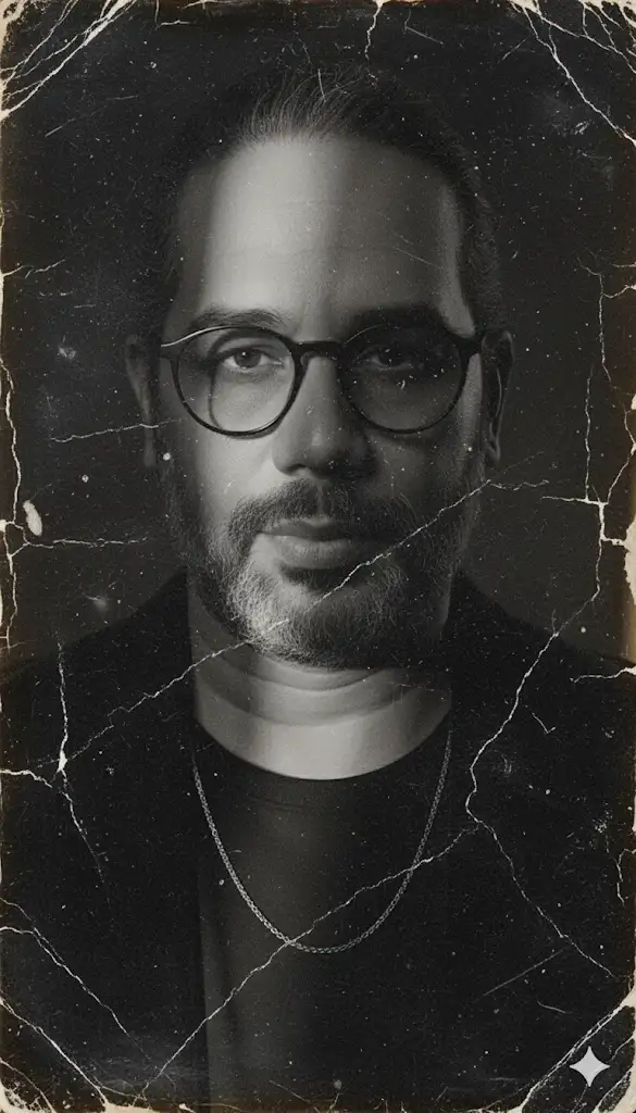 Una foto en tono gris, granulada, antigua, casi desmantelada, moderadamente borrosa, papel fotográfico agrietado y descolorido, foto dañada, rayones en la foto, fotografía abandonada, foto de lugar perdido.