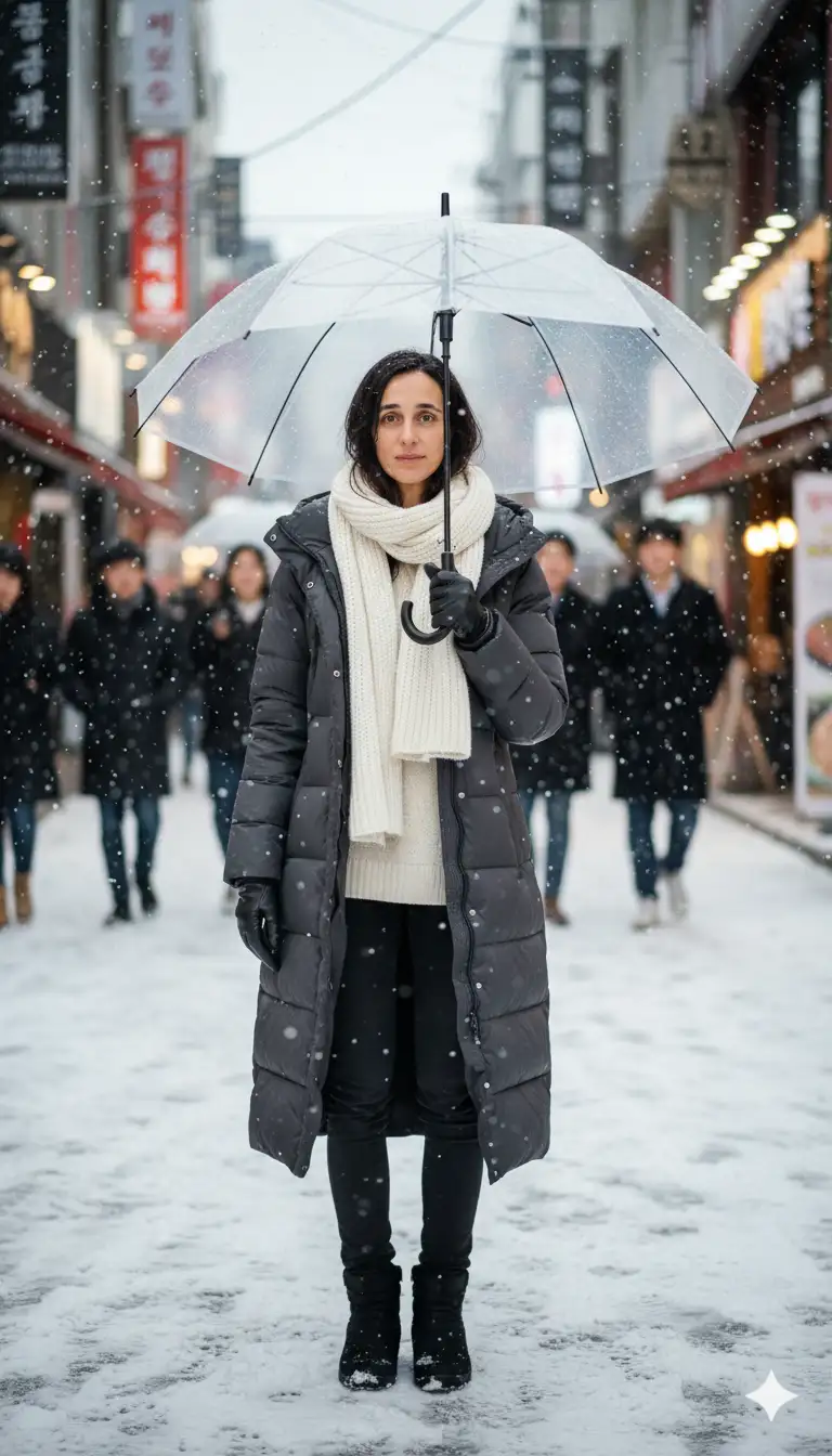 Una foto sincera y realista de la mujer de la foto en Hongdae, Seúl, Corea del Sur, durante un día nevado de invierno. Llevo ropa de invierno coreana de moda y sostengo un paraguas, de pie en la animada calle Hongdae. Los copos de nieve caen a mi alrededor, algunos descansan suavemente sobre mi paraguas y mi abrigo. El fondo muestra carteles de tiendas coloridos y borrosos, arte callejero y cafés, con personas vestidas con trajes de invierno coreanos caminando con naturalidad, creando una atmósfera auténtica. El enfoque es nítido en mí, con una profundidad de campo reducida que difumina suavemente el fondo, dando un aspecto de retrato DSLR profesional. La iluminación es luz natural, resaltando mi rostro y mi vestimenta, haciendo que la foto parezca un retrato sincero y genuino de un viaje a Seúl. Haz el cuerpo de la mujer delgado y no cambies la cara de la mujer, manten sus rasgos y expresiones faciales