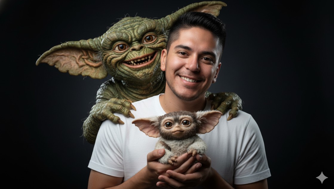 Una persona sonriente, vestida con una camiseta blanca. Detrás de él, un Gremlin adulto lo abraza por los hombros, y él sostiene un adorable Gizmo en sus manos. Fondo oscuro. Retrato de estudio. Reemplaza la cara de la persona con la foto adjunta