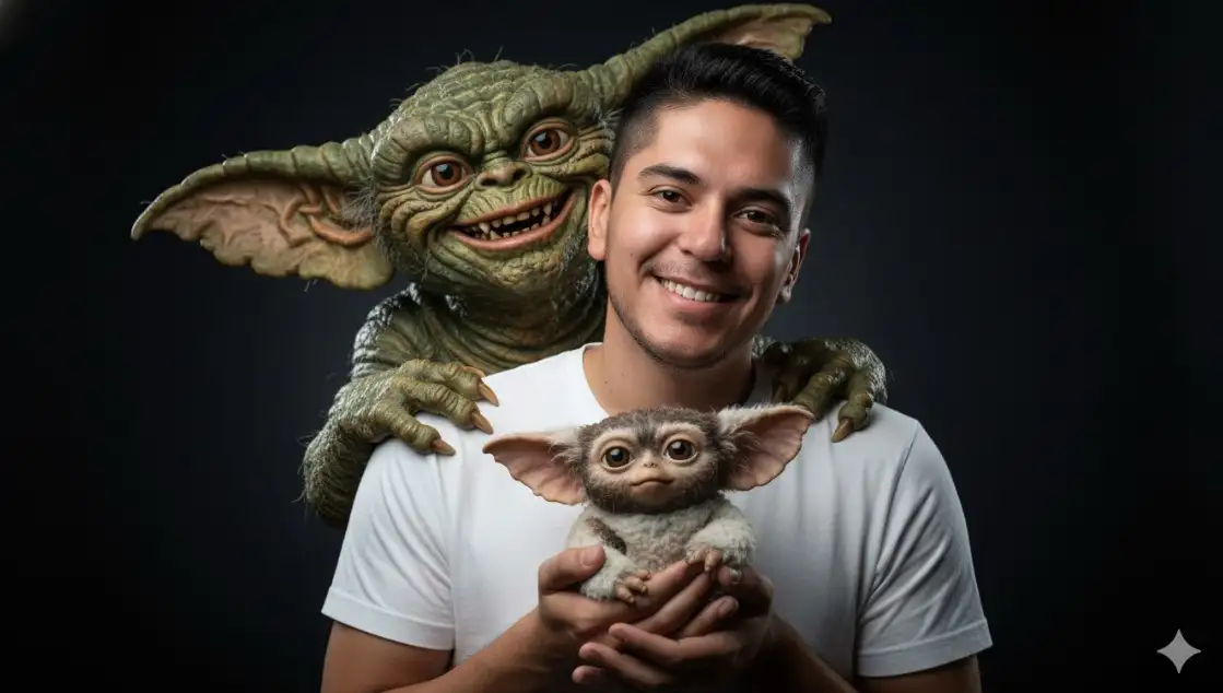Una persona sonriente, vestida con una camiseta blanca. Detrás de él, un Gremlin adulto lo abraza por los hombros, y él sostiene un adorable Gizmo en sus manos. Fondo oscuro. Retrato de estudio. Reemplaza la cara de la persona con la foto adjunta