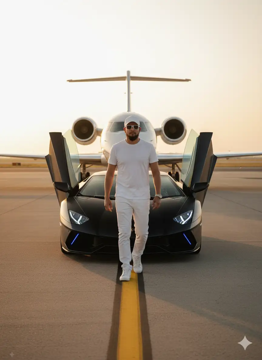 Generar una imagen realista, no caricaturizada ni sensación plastica. Yo estoy de pie y caminando directamente hacia la cámara, sobre un aeródromo al atardecer
Mantener mis rasgos faciales para que se vea real
Mi vestimenta sería completamente de blanco , incluida mi gorra blanca y lentes blancos de sol.
​Elementos de Lujo y Fondo
​El hombre está situado directamente delante de un Lamborghini de lujo de color negro. El coche tiene un diseño muy agresivo y futurista, con puertas de tijera o "alas de gaviota" completamente abiertas, lo que le da una apariencia dramática y ancha. Las luces delanteras del coche tienen detalles de luces LED azules encendidas, que contrastan con la carrocería oscura.
​Detrás del coche y del hombre, en el fondo, se encuentra un avión privado o jet ejecutivo de tamaño considerable, con un fuselaje de color claro, probablemente blanco o plateado. Se aprecian claramente sus dos motores montados en la parte trasera del fuselaje, uno a cada lado. El jet está posicionado de tal manera que enmarca la figura del hombre y el coche, contribuyendo a la sensación de opulencia.
​Iluminación y Ambiente
​La escena está bañada por la luz cálida y dorada de un atardecer o amanecer. El sol está bajo en el cielo, proyectando una luz suave que realza el brillo de la pintura del coche y del azul de la camiseta. La iluminación es intencionalmente dramática, con un buen manejo de las sombras y las luces para hacer que el hombre y los vehículos destaquen. El suelo es asfalto de pista, y hay una línea de pintura amarilla pintada en el centro, sobre la que camina el hombre.
​En conjunto, la imagen transmite una fuerte sensación de éxito, lujo y alto poder adquisitivo.