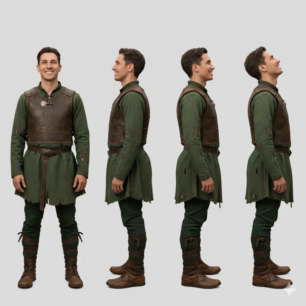 Four full-length profiles of a gender-neutral young man (use the uploaded picture as reference for the face), wearing leather shoes and realistic green Nordic clothing, somewhat worn by war, looking forward, left, right, and upward. No background, all in a single full-color 4K image.