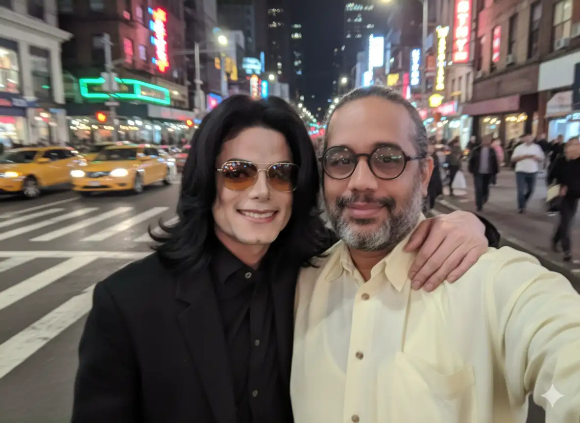 Tómate una selfie con iPhone extremadamente común y corriente, sin un sujeto claro ni sentido de la composición, solo una instantánea rápida y accidental. La foto tiene un ligero desenfoque de movimiento y una iluminación desigual de farolas o lámparas de interior, lo que provoca una ligera sobreexposición en algunas zonas. El ángulo es incómodo y el encuadre es caótico, lo que da a la imagen una sensación deliberadamente mediocre, como si se hubiera tomado distraídamente al sacar el teléfono de un bolsillo. El personaje principal es [la cara de la persona subida], y ("Michael Jackson") está de pie junto a el, "Michael Jackson" abrasando el hombro de la persona subida, captada en un momento de amigos e imperfecto sonriendo. El fondo muestra una casa animada de noche, con luces de neón, tráfico y figuras borrosas que pasan. El aspecto general es intencionadamente simple y aleatorio, capturando la vibra auténtica de una selfie con iPhone espontánea y mal compuesta. La cara de la persona subida debe ser exactamente la misma que en la foto subida. Añade un ligero desenfoque horizontal a la imagen editada