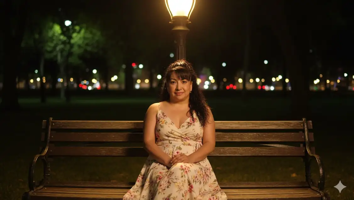quiero que salga mi foto en este prompt: Una joven sentada sola en un banco de madera en un tranquilo parque, de noche, bajo la cálida luz de una farola antigua. Lleva un ligero vestido floral y luce tranquila y elegante, con una sonrisa amable. El fondo está suavemente difuminado por la vegetación y las luces lejanas, creando una atmósfera nocturna serena y cinematográfica.