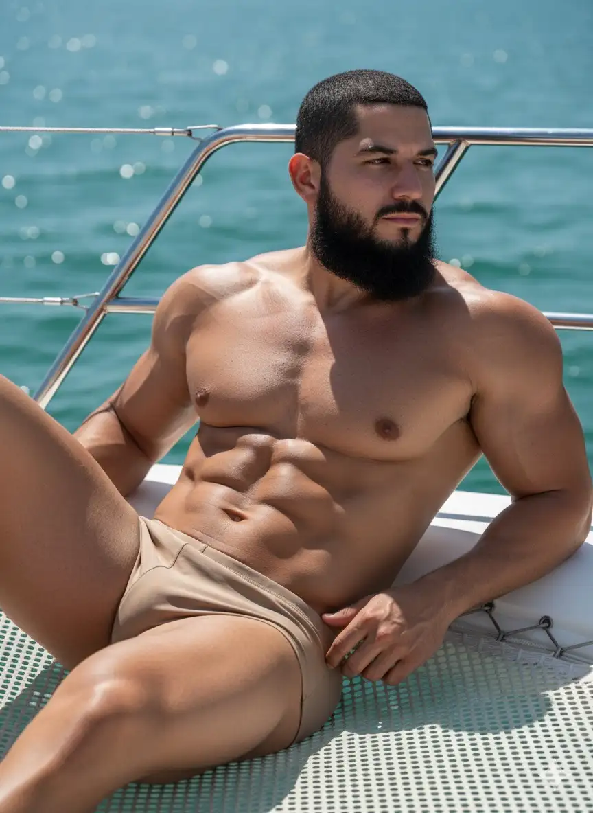 Use my attached reference photo as the base.
Subject & Body:
- The man must look identical to the reference photo (face, hairstyle, body proportions, skin tone).
- Fit and muscular, with visible abs, arms, chest, and leg definition.
- Realistic body details: pores, slight pigmentation, veins, natural shadows.
- Skin should appear sunlit with subtle sheen from outdoor light.
Pose & Movement:
- Follow the reference exactly: reclining against the boat railing, one leg bent forward, other relaxed.
- One arm resting back, the other hand naturally placed on the mat.
- Head turned slightly to the side, gaze looking away.
Wardrobe:
- Match reference precisely: light brown swim briefs.
- Do not add or remove clothing beyond what appears.
Environment & Background:
- Outdoor yacht deck scene with metal railing and white mesh surface.
- Blue-green ocean water in the background with natural reflections.
- Keep perspective from low angle, focused on the man with water clearly visible.
Atmosphere & Lighting:
- Bright daylight, strong but natural sunlight.
- Realistic highlights on muscles from the sun.
- Balanced shadows across the body and boat surface.
Technical Requirements:
- Ultra high resolution, 8K photorealism.
- Camera angle and perspective identical to the reference.
- No AI artifacts, distortion, or extra objects.