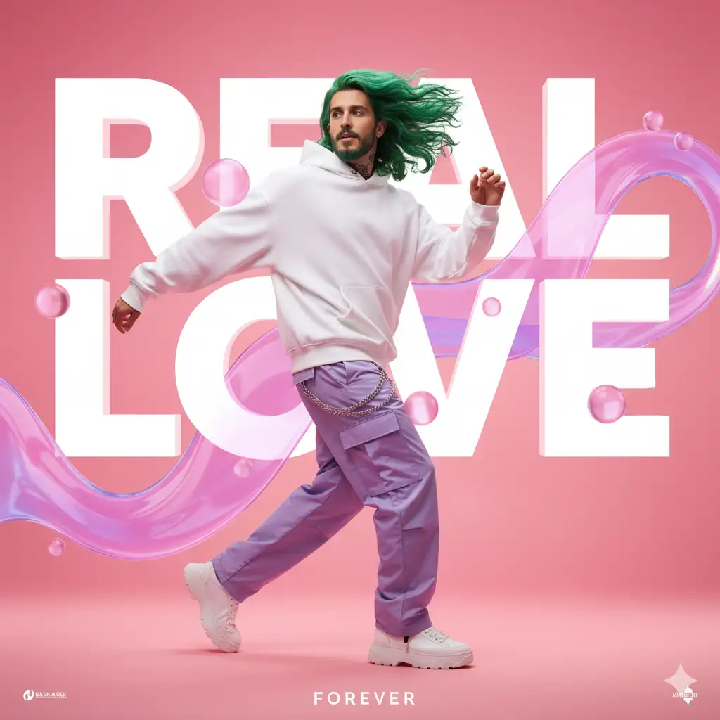A young model person (use the uploaded picture as reference for the face), mid-motion, captured in a dynamic pose as if dancing or walking energetically. The model person is wearing a loose-fitting white hoodie, light purple baggy cargo pants with silver chains dangling from the pockets, and chunky white sneakers. The hair of the model person is flowing to their left, indicating movement. The model person has a serene and focused expression.
The background is a vibrant gradient from light pink at the top to a slightly darker pink at the bottom. Large, translucent, glowing pink and purple amorphous shapes resembling ribbons or liquid swirls are artfully arranged behind and around the model person, creating depth and a sense of dynamic energy. Several smaller, glowing pink spheres are also scattered in the background.
Dominant white, bold, sans-serif big solid 3D text reads 'REAL LOVE' positioned centrally behind the model person. The word 'REAL' is above 'LOVE', both large enough to frame the model person. Below the main image, in smaller, subtle white text, 'FOREVER' is centered at the bottom. In the bottom left corner, there's very small white text that appears to be a logo or credit, and similar small text in the bottom right corner.
The lighting is soft and ethereal, highlighting the model person and the glowing background elements. The overall aesthetic is modern, energetic, and slightly ethereal, with a focus on fluid motion and vibrant colors. The style should be photorealistic with a touch of digital art polish, similar to a high-end advertisement or album cover.