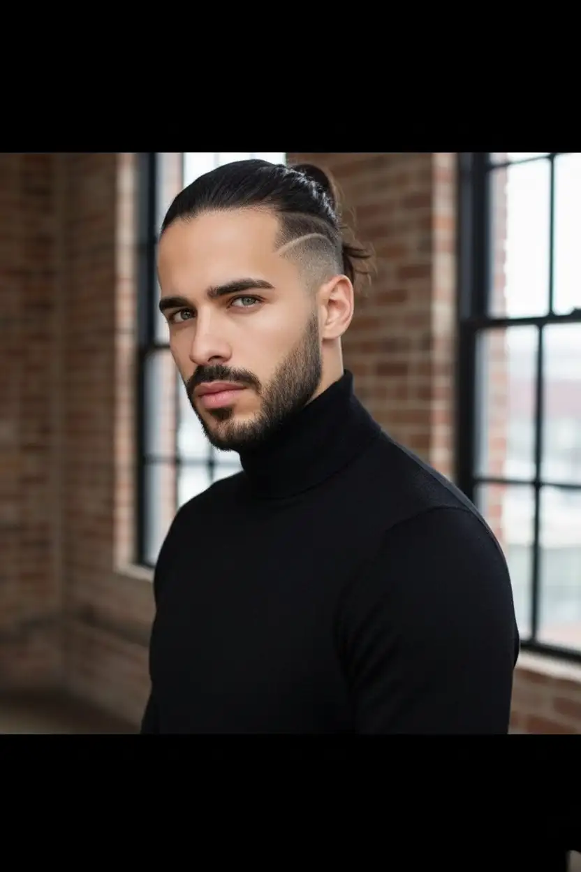 Manten el rostro sin cambiarlo o modificarlo 


Cabello: Largo, recogido en moño alto (man bun) con rapado lateral y línea marcada.

Ropa: Cuello de tortuga negro, elegante y minimalista.

Estilo: Urbano sofisticado, con un toque hipster.

Lugar: Interior tipo loft industrial (paredes de ladrillo, grandes ventanas).