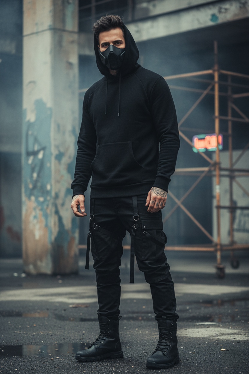 Mantén el rostro sin cambiarlo o modificarlo
Cabello: Corto, con mechones sueltos.
Ropa: Total black outfit, estilo tactical con hoodie, máscara, pantalón cargo y botas.
Estilo: Darkwear / techwear.
Lugar: Espacio urbano/industrial decadente.