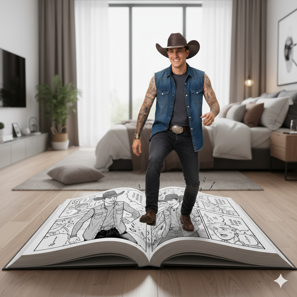 Ultra-realistic 8K scene of the person in the photo, stepping out of and breaking the panel border of a giant open manga book lying on the floor of an aesthetic bedroom. The comic pages depict a surreal 4-panel black-and-white manga with screentones, bold ink lines, and authentic Japanese layout, featuring the manga version of the same person trapped inside. The larger, real-life version emerges dynamically into the comic’s surface, vibrant, colorful, and photorealistic, in sharp contrast to the monochrome manga world. Both versions interact directly, creating a meta, humorous encounter. Highly detailed, crisp manga line art seamlessly integrated with vivid, realistic.