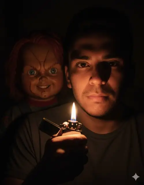 Una toma dramática y cinematográfica de un joven con una camiseta oscura, sosteniendo un encendedor encendido cerca de su rostro, iluminándolo con un brillo cálido e intenso. Detrás de él, ligeramente desenfocado y en sombras, se ve el rostro amenazante de un muñeco de Chucky, creando una atmósfera espeluznante y de suspenso. El fondo es oscuro e indistinto. La iluminación es clave, enfatizando el contraste entre la luz en su rostro y la oscuridad que lo rodea. 4K, HD.