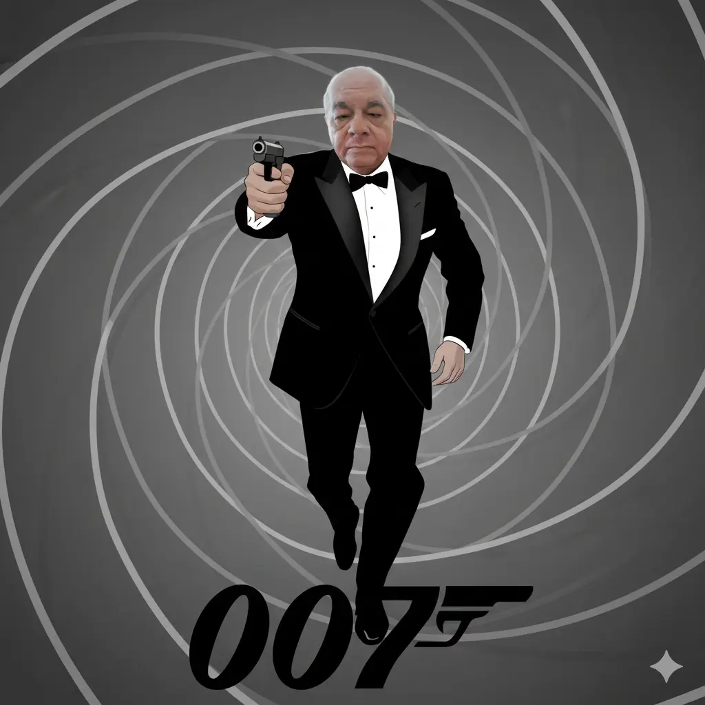 La imagen es un póster de estilo gráfico y monocromático, predominantemente en tonos de blanco, negro y gris, con algunos toques sutiles de color en el fondo. Presenta a un hombre (imagen uno como referencia de su rostro) como James Bond, la icónica figura central.
​El hombre está representado de cuerpo entero, inclinado y corriendo dinámicamente hacia el espectador y apuntando una pistola con su mano derecha extendida. Viste el clásico esmoquin de James Bond: una chaqueta de traje negra con solapas, una camisa blanca y una pajarita. Su postura es dinámica y decidida.
​Detrás de él, se desarrolla el característico diseño de cañón de pistola de las películas de James Bond, una espiral concéntrica que crea un efecto de túnel. Este diseño también es monocromático, con las líneas de la espiral alternando entre tonos oscuros y claros.
 Debajo de eso, de manera mucho más prominente, se encuentra el número "007" estilizado, con el "7" incorporando el diseño de una pistola (cómo se ve en la imagen 2).
​En general, la imagen captura la esencia clásica y sofisticada de James Bond, utilizando un estilo visual impactante y fácilmente reconocible.
Crea la imagen manteniendo completamente íntegros todos los rasgos físicos y corporales del rostro de la imagen 1 adjunta y teniendo cuidado también de respetar el diseño mostrado en imagen 2.