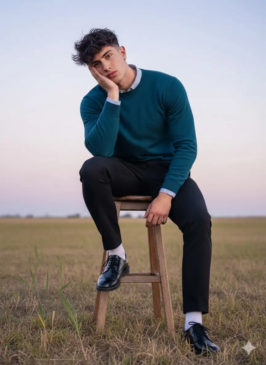 Ultra-realistic cinematic photograph in portrait format (9:16 ratio). A young man sits in the exact center of the frame on a tall rustic wooden stool, positioned outdoors in a grassy field. His full body is visible from head to shoes. He leans slightly forward, resting his face on his left hand with elbow on his knee, while his right arm rests loosely on his other leg. He has messy dark wavy hair, fair skin, and a calm, slightly bored expression. Outfit: dark teal-blue fitted long-sleeve sweater with a striped shirt collar peeking at the neckline, slim black pants, white socks, and shiny black leather shoes. The stool is wooden and narrow, standing on dry brown grass with some tall green reeds around. Background: natural outdoor field under a pastel sky that fades from lavender to soft light blue, minimal horizon visible. Lighting is natural and soft, creating a dreamy fashion editorial look. Composition: perfectly centered, subject fills the vertical frame, stool legs visible, no cropping of shoes or head, exact same proportions as a magazine-style portrait photo. Don't change facial features