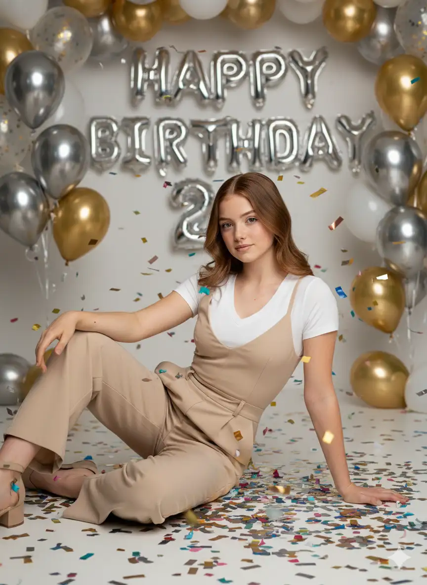 --preserve_identity=100% --no_stylization --no_feature_blending. Sujeto basado en la imagen de referencia. Rasgos faciales exactos; 	Estilo editorial de alta moda, 8K; 	Mujer idéntica al rostro de referencia, sentado en el piso frente a globos de cumpleaños y confeti, vistiendo traje beige al cuerpo, resaltando su figura y una camiseta blanca ajustada cuello V; 	 fondo decorado con globos metálicos y “HAPPY BIRTHDAY 43”; 	Luz brillante de estudio, contraste medio, atmósfera divertida; 	-- ar 9:16 vertical, 8K RAW, lente 35-85mm f/1.2-f/2.8, ISO 100-400, enfoque nítido en rostro/ojos, profundidad de campo reducida, bokeh suave, HDR, iluminación cinematográfica, gradación cálida/natural, grano de película sutil, texturas hiperrealistas de piel, ropa y accesorios, fondo suavemente desenfocado, nitidez editorial, estilo editorial/alta moda.	-- sin CGI, 3D, render, caricatura, anime; sin piel de plástico, borroso, artefactos, distorsiones, poses rígidas; evitar saturación o colores irreales, sobreexposición, reflejos falsos; no alterar rostro, expresión, cuerpo ni identidad; mantener realismo y estilo cinematográfico/editorial.