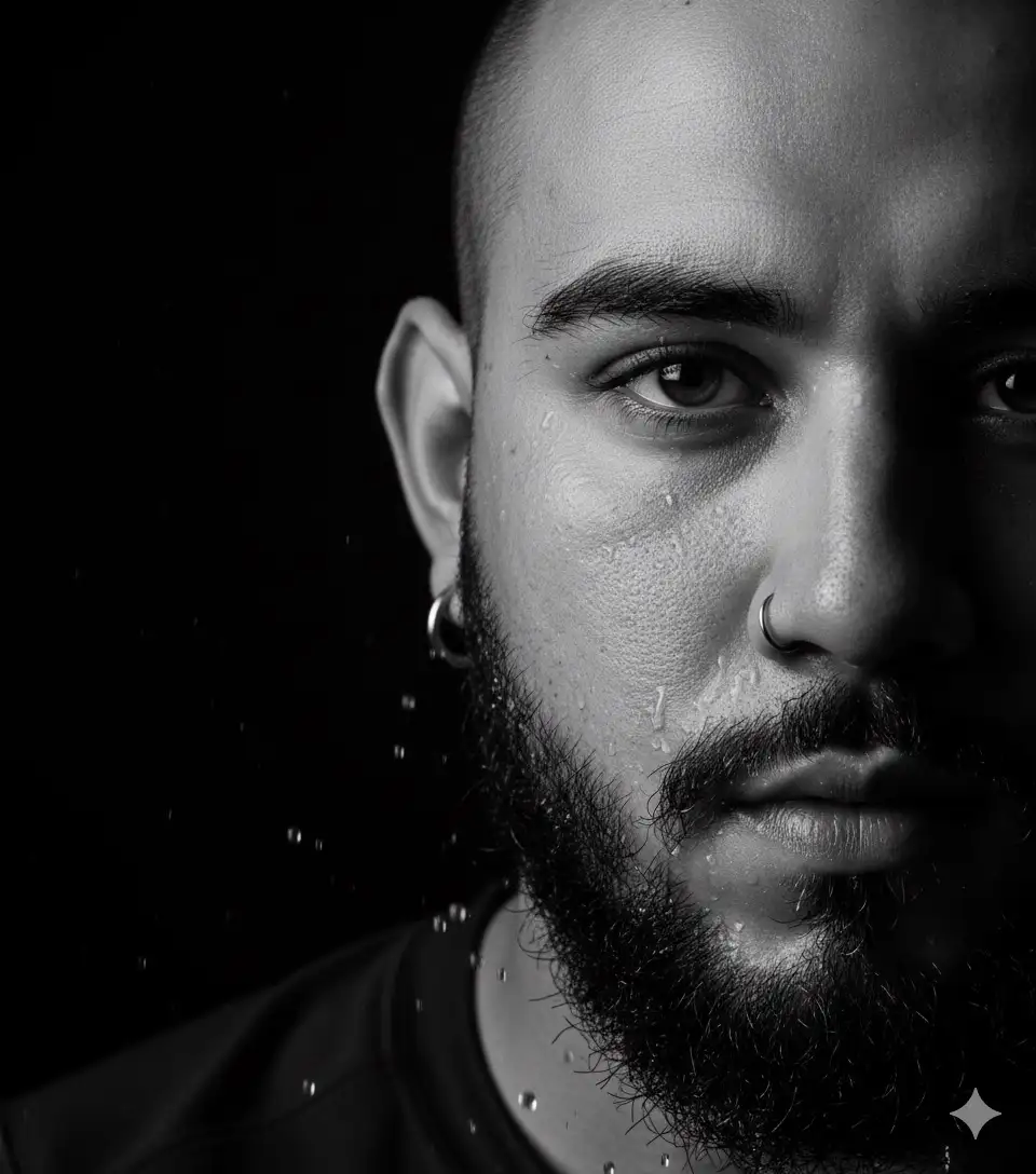 Create a high contrast black and white close up portrait of the man in the picture. The image should depict only the right half of his face, partially submerged in water with droplets and bubbles visible on his skin and hair, illuminate the right side of the face dramatically, casting the rest into deep shadow, dark background, detail in skin texture, beard and eye focus to evoke a moody cinematic atmosphere.Ratio 3:4. Don’t change facial features