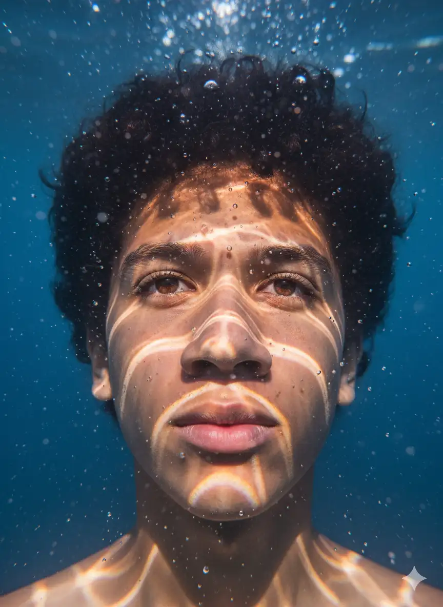 Retrato submarino hiperrealista en primerizo plano. Enfoque completo en el rostro del sujeto(imajen de referencia), con luz prismatica y reflejos coloridos provocados por el agua. Las burbujas flotan y la expresión es suave y cont3mplativa. La luz crea texturas ondulada y arcoiris