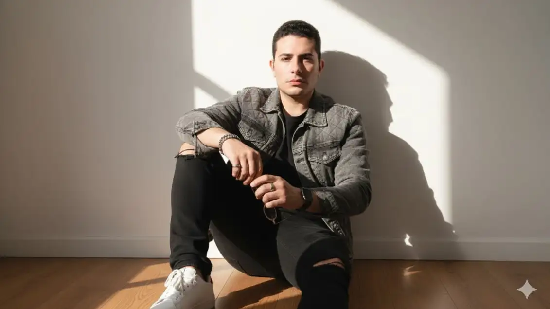 Retrato ultrarrealista de cuerpo entero de un joven elegante sentado casualmente en el suelo en el interior, apoyado contra una pared lisa de color blanquecino con la luz del sol proyectando una sombra suave.
Atuendo: una camiseta negra de cuello redondo en capas con una chaqueta acolchada de jeans gris descolorido, combinada con jeans negros desgastados y zapatillas blancas. Los accesorios incluyen un reloj Apple, una pulsera y anillos plateados. Su pose es relajada con una rodilla doblada hacia arriba y las manos descansando juntas sobre su regazo. La iluminación es la cálida luz del sol natural desde un lado, lo que crea un contraste dramático y un ambiente cinematográfico. Alto detalle, enfoque nítido, estilo editorial de moda, la foto debe coincidir con la entregada.