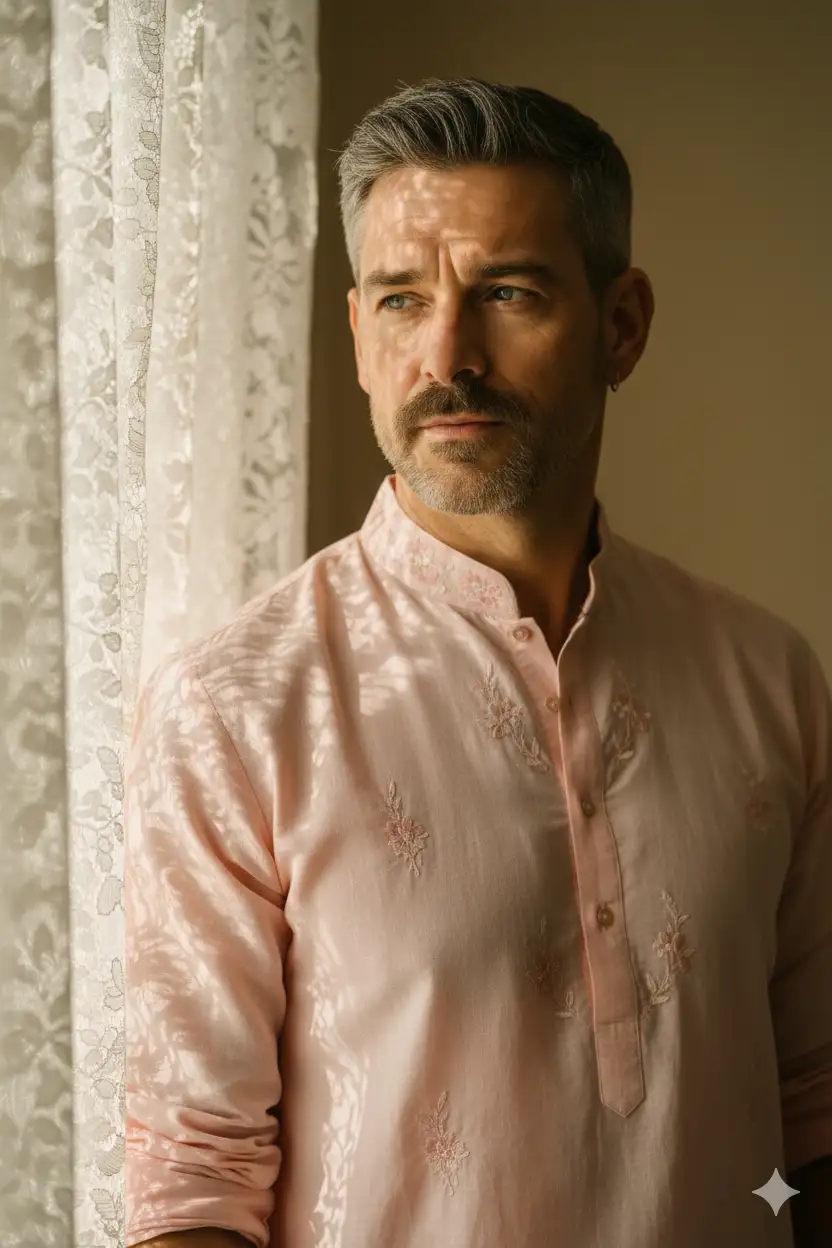 A cinematic ultra-realistic portrait of a young man standing near a softly lit window with sheer lace curtains, sunlight gently falling on his face and casting delicate patterns. His expression is calm and thoughtful, with a natural and composed look. He has neatly styled hair, with a few strands softly framing his face. He is wearing a pastel-colored traditional kurta in light pink with subtle floral embroidery, reflecting elegance and simplicity. The fabric of the kurta is lightweight, flowing, and captures the soft golden glow of natural daylight. His posture is relaxed, one arm slightly resting at his side, creating an aura of grace and quiet charm. The background is minimal with warm beige tones, keeping the focus entirely on him.
Ultra HD 8K Resolution, Ratio 9:16, keep my face 100% same as in the reference image.