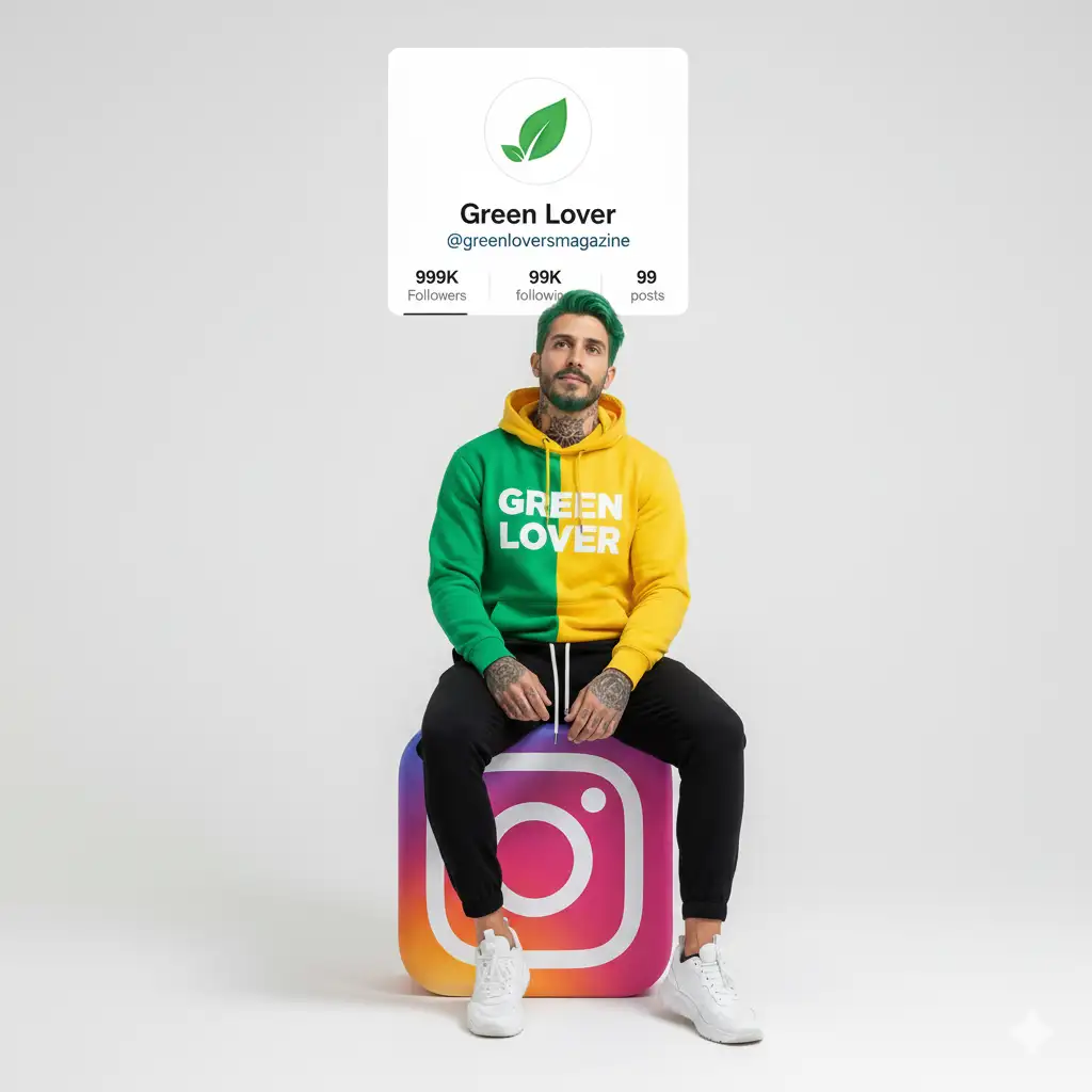 Create a hyper-realistic image in vertical format 9:16. Show a young Athletic person (use the uploaded picture as reference for the face). The person is sitting in a relaxed way on a large 3D logo of Instagram in vibrant colours. Wear modern urban clothing:
Coloured hoodie green and yellow with the 'GREEN LOVER' logo, black jogger pants and white sneakers.
In the background, a large profile card of Instagram identical to a real profile appears, with realistic details: name 'Green Lover; user '@greenloversmagazine, 999K Followers, 99K following and 99 posts.
The background should be clear, minimalist style, soft lighting, professional, fresh and youthful look, ideal as a social network cover.