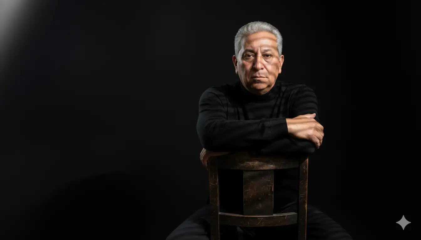 Retrato dramático de un hombre sentado en una silla de madera, de espaldas, con los brazos cruzados, vestido con un jersey negro de cuello alto y expresión seria. Fuerte contraste de luz con persianas que proyectan sombras sobre su rostro y cuerpo. Fondo negro oscuro. Atmósfera cinematográfica. Fotografía de alta resolución.