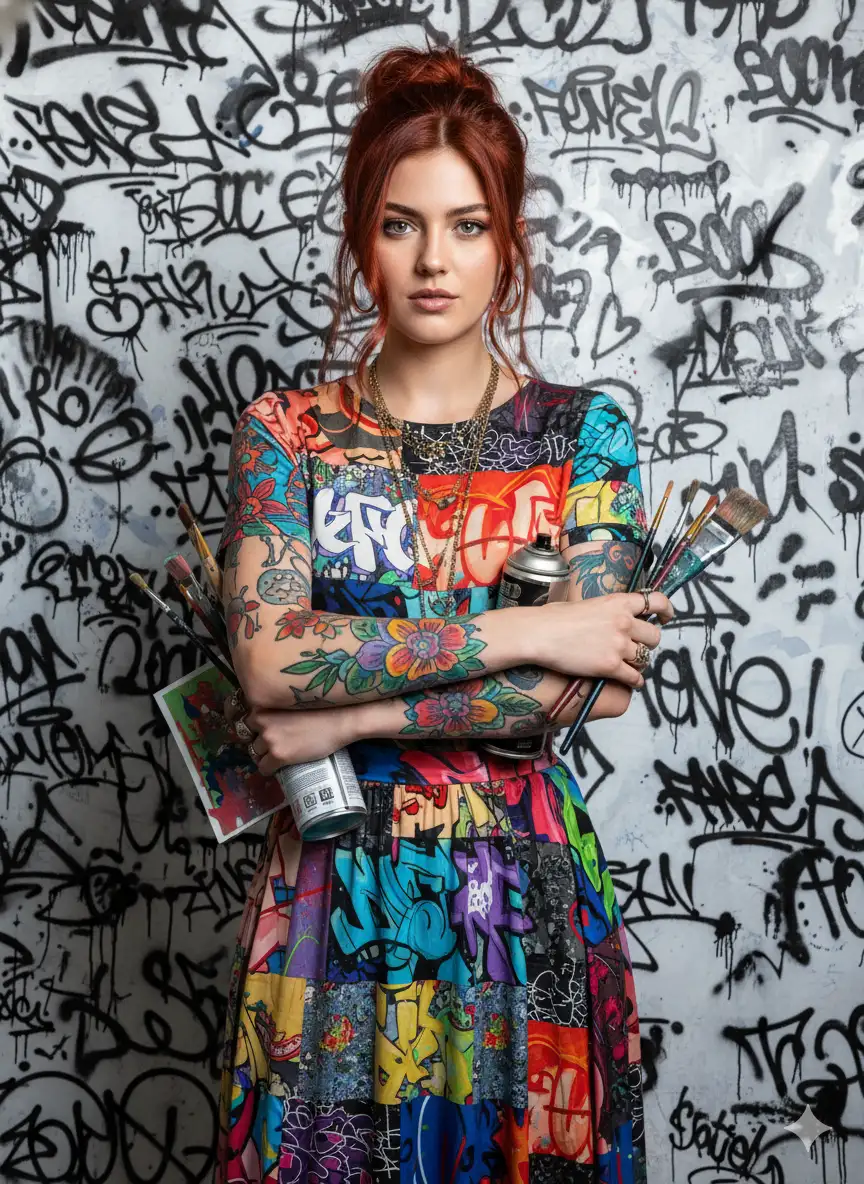 graffiti style, silk painting aesthetic on silk-covered canvas, portrait of a woman posing confidently at the camera with art supplies, natural red hair, wearing a multicolored top and skirt, jewelry, and tattoos, set against a white graffiti-patterned background. Artistic, powerful, fashionable, expressive, timeless.