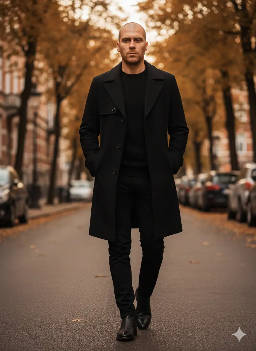 Una foto de cuerpo completo del hombre de la fotografía, es de contextura delgada y mide 185 cm, caminando confiadamente por una calle de la ciudad en otoño. Lleva sofisticado conjunto negro: un abrigo largo de lana negro a medida, un suéter negro con cuello de tripulación y pantalones negros ajustados. Sus manos están casualmente metidas en los bolsillos de su abrigo. Lleva botas de cuero negro. El fondo está ligeramente borroso, mostrando follaje cálido, marrón dorado en los árboles y toques de edificios y coches estacionados, lo que sugiere un entorno tarde o temprano por la tarde. La iluminación es suave, con un tono general cálido, enfatizando las texturas de su vestimenta y el sutil resplandor del medio ambiente. El foco está bruscamente en el hombre, capturando un estado de ánimo elegante y contemplativo. No modifiques su rostro  , manten sus rasgos y expresiones faciales