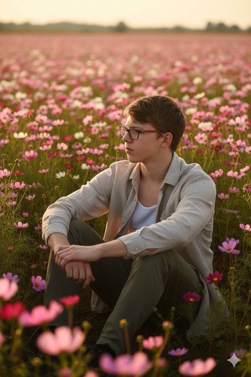 Hyperrealistic portrait of a person in a vast field of vibrant Mexican Cosmos bipinnatus flowers at golden hour. Using the reference image as a STRICT source, preserve the EXACT likeness, facial structure, body proportions, and natural hair.
The person is either:
1) Sitting peacefully on the ground, knees bent, arms resting on knees, with a soft contemplative gaze to the side, OR
2) Lying relaxed on their back, seen from directly above, with one knee bent and arms resting loosely at their sides.
They wear a lightweight, unbleached linen shirt over a white tank top, with loose-fit olive green cotton trousers.
The scene is bathed in warm, diffuse golden hour sunlight, creating a cinematic and deeply peaceful atmosphere. The vibrant pink and white flowers fill the frame.
cinematic, fine art photography, golden hour, hyper-detailed textures, earthy tones, contemplative, atmospheric, [eye-level perspective | aerial view] --v 6.0 --style raw --ar 2:3