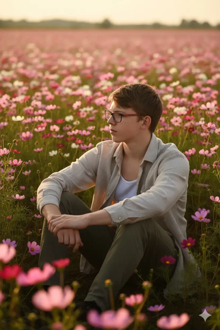 Hyperrealistic portrait of a person in a vast field of vibrant Mexican Cosmos bipinnatus flowers at golden hour. Using the reference image as a STRICT source, preserve the EXACT likeness, facial structure, body proportions, and natural hair.
The person is either:
1) Sitting peacefully on the ground, knees bent, arms resting on knees, with a soft contemplative gaze to the side, OR
2) Lying relaxed on their back, seen from directly above, with one knee bent and arms resting loosely at their sides.
They wear a lightweight, unbleached linen shirt over a white tank top, with loose-fit olive green cotton trousers.
The scene is bathed in warm, diffuse golden hour sunlight, creating a cinematic and deeply peaceful atmosphere. The vibrant pink and white flowers fill the frame.
cinematic, fine art photography, golden hour, hyper-detailed textures, earthy tones, contemplative, atmospheric, [eye-level perspective | aerial view] --v 6.0 --style raw --ar 2:3