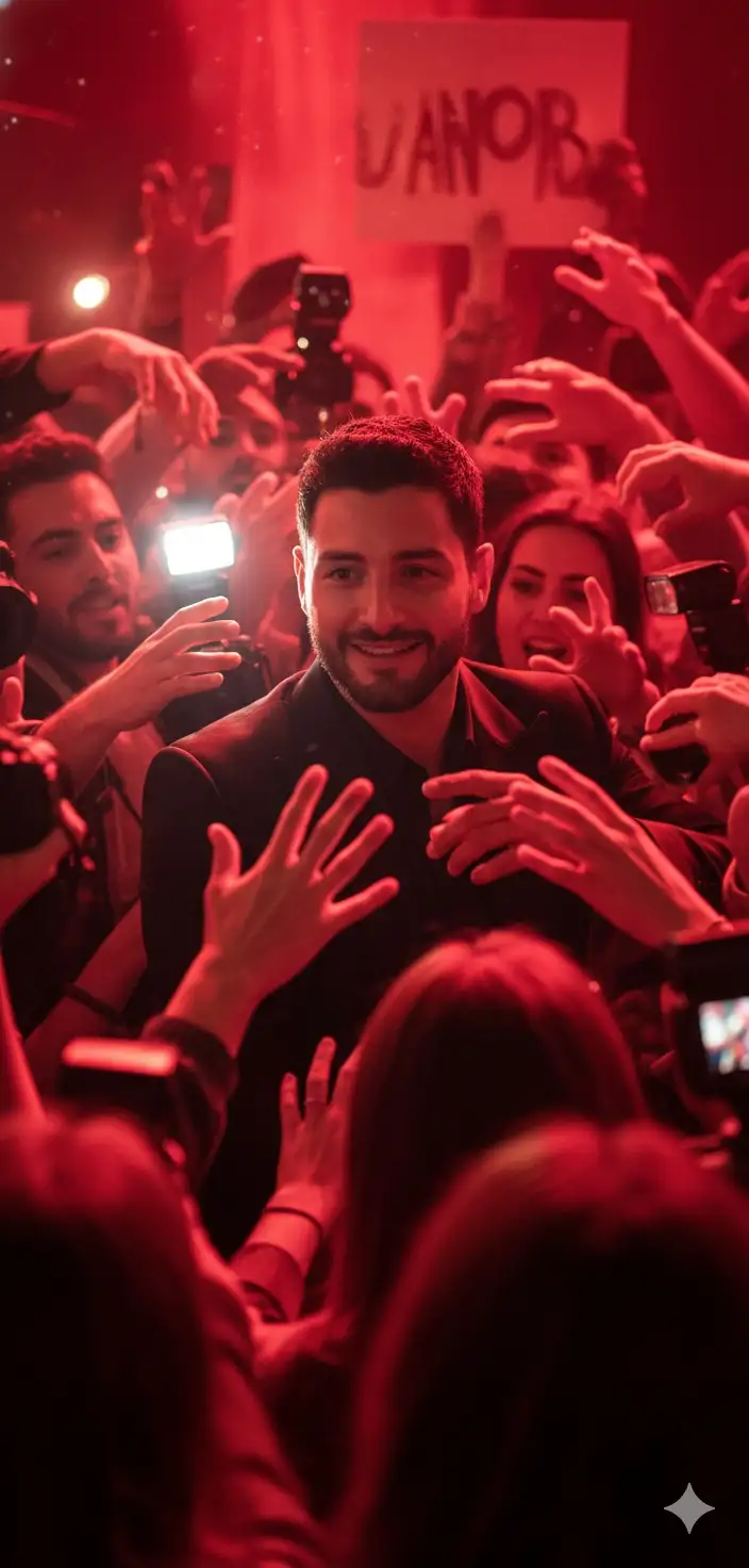 A MALE ACTOR SURROUNDED BY EXCITED FANS, FLASHES AND HANDS REACHING OUT, RICH RED COLOR PALETTE, GLAMOROUS CINEMATIC ALIGHTING, HIGH-
CONTRAST STUDIO PORTRAIT, INTENSE AND EMOTIONAL ENERGY, ULTRA-REALISTIC. 9:16. Don't change facial features