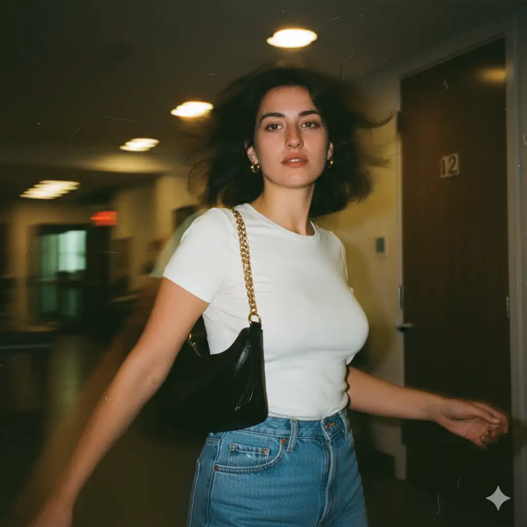 With the person in the photo, create a motion blur, low-light photograph captured with a vintage film camera. The subject has dark, windswept hair, glancing towards the viewer. Their face has sharp lighting, while their expression is slightly blurred. They are wearing a tight white t-shirt and high-waisted blue denim jeans, and carrying a black shoulder bag with a gold chain strap. Strong motion blur is present on their arms and surroundings. Heavy bokeh is visible in the background and all areas except their face. Analog 1990s film grain with a subtle, fine, organic texture, along with gentle film scratches and slight light leaks, adds to the retro tone with a soft green-yellow color tint. Digital noise is removed. The indoor background features blurry elements with a dark panel or door faintly marked '12' visible on the right. Cinematic, candid, expressive style, with a 3:4 aspect ratio.