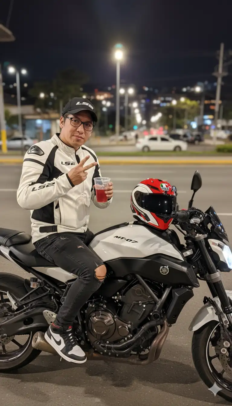 Crea un selfi nocturno ultrarrealista de la persona en la foto subida, conservando el 100 % de sus rasgos faciales, expresión, gafas y gorra de béisbol exactamente como en la referencia. El selfi debe verse como si se hubiera tomado de forma natural con un teléfono inteligente, con la cámara sostenida con el brazo extendido frente a él. Está sentado casualmente sobre el asiento de una Yamaha Mt 07 del 2018 color blanca con sus emblemas en color negro que resalte en el tanque. Lleva una chamarra ls2 blanco, vaqueros oscuros rotos, una gorra de béisbol negra y zapatillas Nike Jordan. Tiene un casco agv pista color rojo con blanco puesto sobre el tanque de la moto, sostiene un vaso de plástico transparente lleno de una bebida roja en la mano derecha. Con la mano izquierda, hace el signo de la paz (V). La escena urbana nocturna de la tribuna del sur en Quito es visible en el fondo suavemente desenfocado, con farolas, la avenida y coches aparcados. La iluminación debe ser realista, como las farolas naturales por la noche, con suaves reflejos en la moto, las gafas y los accesorios Estilo: Selfie nocturno ultrarrealista, perspectiva natural del smartphone, tonos cálidos, profundidad de campo realista, contraste suave, texturas precisas, composición de selfie dinámica pero creíble alejada que se pueda ver la moto y la persona completamente 

Indicación negativa:
"sin cámaras adicionales, sin equipo de cámara visible, sin reflejos en el objetivo, sin distorsiones, sin cara borrosa, sin deformación corporal, sin extremidades adicionales, sin manos duplicadas, sin partes del cuerpo fuera del encuadre, sin artefactos, sin texto, sin marca de agua, sin fallos de IA, sin iluminación poco realista, sin desenfoque excesivo, sin piel de plástico, sin fondo incorrecto, sin accesorios faltantes, sin cambios en la cara, gafas o gorra, sin forma de cara diferente, sin ropa incorrecta, sin objetos recortados, sin efectos surrealistas, sin exageración cinematográfica, sin perspectiva antinatural."