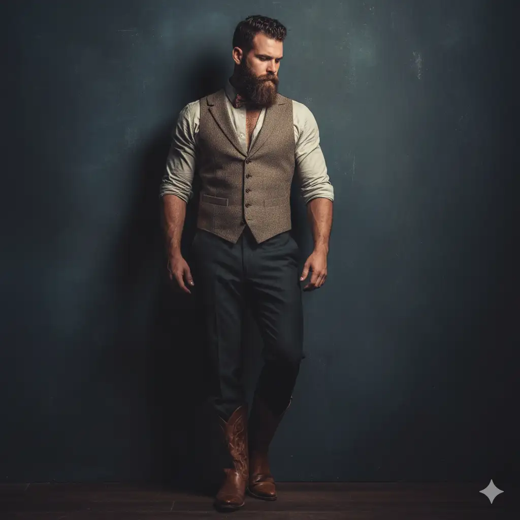 Retrato de estudio a color, hiperrealista y cinematográfico, de un hombre carismático con barba espesa y complexión definida (idéntica a la foto de referencia), apoyado en una pared oscura con textura. Su postura es tranquila pero cargada de tensión interior, con la cabeza ligeramente inclinada hacia abajo y la mirada absorta en una silenciosa reflexión.

Viste un atuendo elegante y distintivo: pantalones de vestir oscuros de corte perfecto, "botas vaqueras de cuero marrón o negro" pulido con una sutil pátina, un chaleco ajustado de tela texturizada y una pajarita discretamente anudada. Bajo el chaleco, un cabello ligeramente "corto"