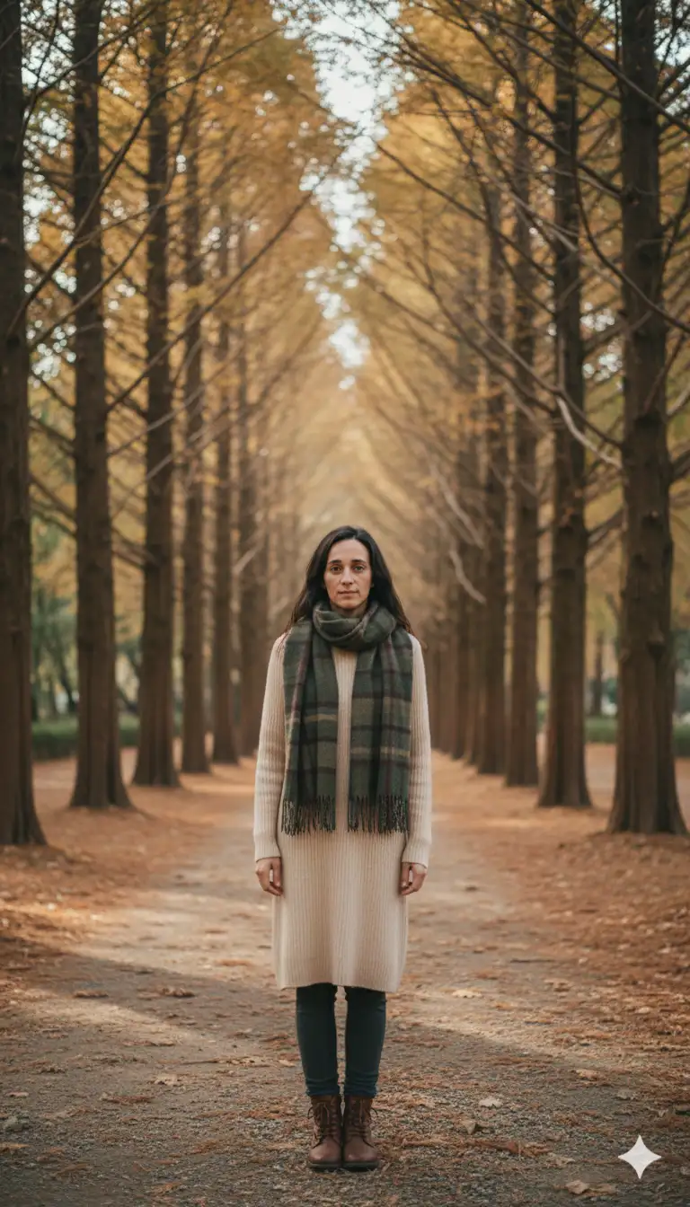 Transforma mi foto en un retrato mío con un cómodo vestido de lana, calzas, una bufanda y botas, de pie entre los altos senderos arbolados de la isla Nami, conocida por Sonata de invierno. El paisaje romántico me rodea. La toma debe ser de cuerpo entero, no demasiado ampliada, enfocándose en mí y en la vista. Haz el cuerpo de la mujer de la foto delgado y no cambies su rostro, manten sus rasgos y expresiones
