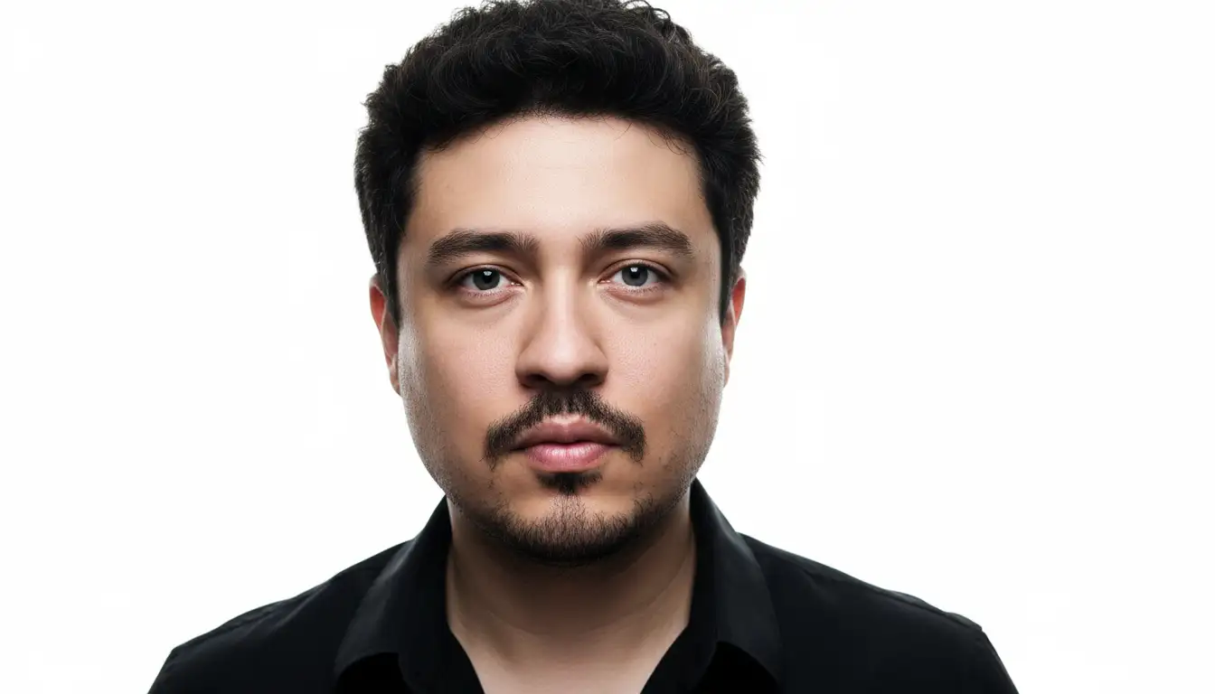 Minimalist profile portrait of a confident young man **with the exact same face direction and facial expression as the original photo**, clean studio background, thumbnail YouTube frame design, modern professional aesthetic, elegant soft lighting, sharp focus, editorial style, luxury branding look, clean sans-serif font, stylish and balanced composition.

**Using this image as reference: generate a hyperrealistic editorial portrait of the same person, preserving facial structure, skin tone, hair texture, and emotional expression with maximum fidelity. Do not remove natural imperfections—freckles, scars, pores, asymmetries, or wrinkles must be preserved to honor the subject’s authenticity and individuality.**

Remove the background entirely and isolate the subject (the man), then place him on a pure white background like the infinite white void in The Matrix movie style—clean, minimalist, and expansive for a cinematic feel. **Dramatically enhance the subject for high-resolution YouTube thumbnail use in HD (preferably 4K or 1080p) with ultra-crisp digitalized quality—like a professional studio retouch.** Preserve the exact face direction and facial expression without any changes—**sharpen facial details to perfection, boost contrast for striking definition, brighten skin tone noticeably for a healthy, glowing, clean appearance while keeping it natural.** Subtly smooth skin without removing natural texture. **Sharpen and super-brighten the eyes dramatically for intense, captivating engagement.**

**Enhance overall lighting to simulate professional photo studio-style soft front lighting with cinematic depth—add strong subtle highlights and shadows for a polished, film-like professional quality, rich in contrast with glowing highlights that sculpt the face.** Make the black shirt **much deeper, richer, and impeccably clean** in color. **Increase color saturation moderately for a bold, punchy, and vibrant look.**

Do not cartoonize, warp, or alter facial structure, direction, or expression. Keep the appearance **realistic but digitally polished to perfection—like a high-end magazine cover with thick film grain and subtle hazy glow for editorial realism.**

**Camera settings:**
- Lens: 50mm f/1.4 (for emotional intimacy and cinematic compression)
- ISO: 400
- Aperture: f/1.8
- Shutter speed: 1/125s
- Format: horizontal (16:9 aspect ratio for YouTube thumbnail)
- Lighting: elegant soft studio (~5600K) with cinematic highlights
- Color grading: balanced contrast, subtle glow, light grain
- Mood: confident, modern luxury, editorial polish
- Atmosphere: clean studio, professional minimalism

Output the final image as a high-resolution PNG with the white background — suitable for YouTube thumbnails, overlays, or graphic compositions.  
**--v 5 --ar 16:9 --style raw --quality 2 --ref_photo**