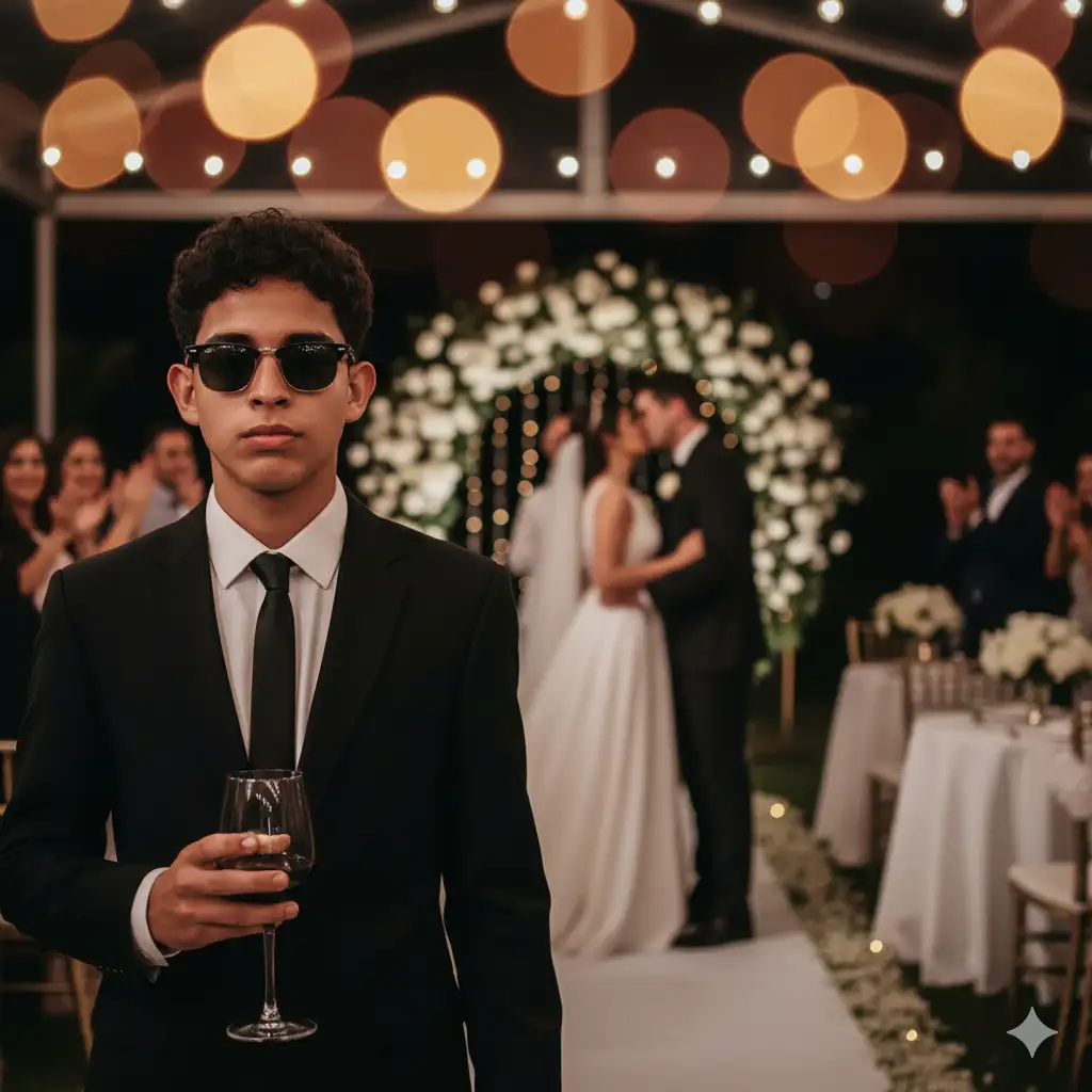 Generate an image of a wedding scene using the young man in the attached photo as a reference for the foreground. Position him slightly left of center, wearing dark Wayfarer-style sunglasses, a well-fitting black suit, a white shirt, and a skinny black tie. He should be holding a red wine glass by the stem in his right hand and looking directly at the camera with a serious or expressionless expression. Light his face and upper body primarily.
In the background, blurred but recognizable, place a newlywed couple sharing a passionate kiss: the bride in a sleeveless white dress and the groom in a dark suit. Place them on a white carpet or wedding aisle, with a white floral arch behind them. Add blurred silhouettes of guests around them, some applauding.
The setting should be outdoors or in a space with an open ceiling, with hanging string lights (warm bokeh) overhead. On the right, include tables with light tablecloths and chairs, suggesting the reception.
 Use a dark, warm color palette: black for the suits, white for the dress and the road, and golden and reddish tones in the lights and the wine. The composition should highlight the contrast between the distant young man and the loving coupl