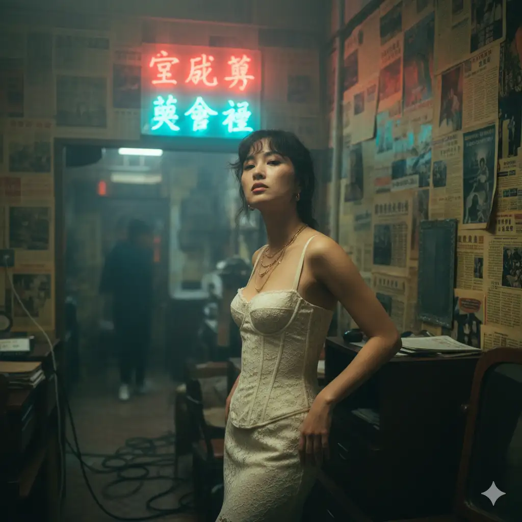 Use the photo above as the reference. Create a photorealistic Hong Kong retro portrait with authentic 1990s film look, like a moody movie still. Strictly preserve identity (eyes shape, lips, nose bridge, jawline, skin tone). Vertical portrait, mid-thigh to head (3/4 body). Subject standing, leaning slightly toward camera with both hands resting on a small wooden cabinet behind her; shoulders relaxed. Chin slightly down, gaze up toward camera with a melancholic, calm expression. Scene: tight messy Hong Kong room, walls plastered edge-to-edge with yellowed Cantonese newspapers. Behind subject: hazy neon Chinese signage (red + cyan) glowing through mist near the ceiling.
Cluttered furniture: compact cabinet, scattered cables, small mirror edge visible. Wardrobe & Styling: cream/ ivory lace corset-style dress (tasteful, non-revealing), layered delicate gold necklaces, small hoop or pearl earrings. Hair tousled with wispy bangs across forehead.
The face must be a precise copy of my real facial features, do not change the face, and make it a high-resolution photo.