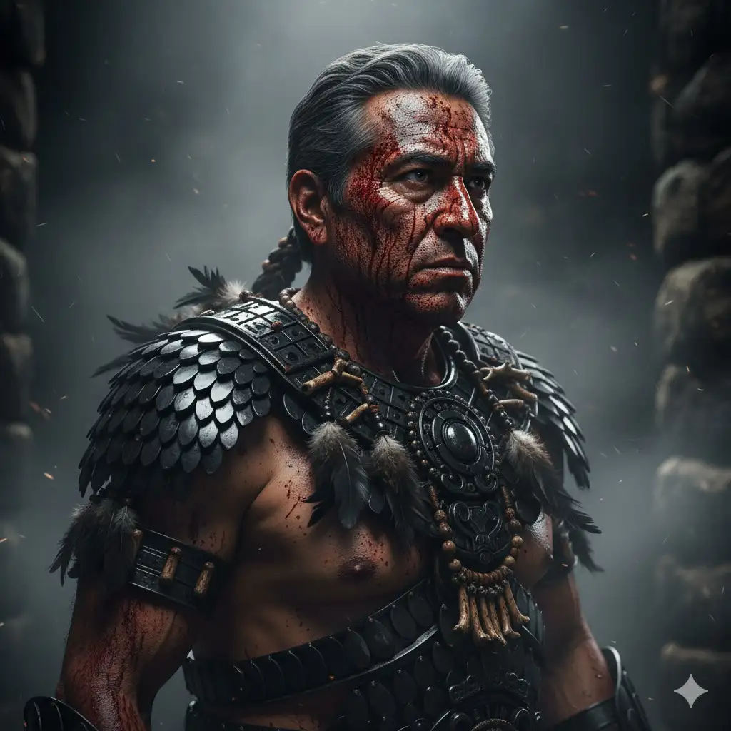 La Sangre de Tenochtitlan Retrato hiperrealista de un guerrero azteca cubierto de sangre y polvo, iluminación lateral dramática, tono de piel bronce, detalles de armadura de obsidiana, fondo con humo y textura de piedra, luz cinematográfica fine art, textura realista de poros y expresión poderosa —ar 3:4 —v 7 —style raw —q 2 —s 380