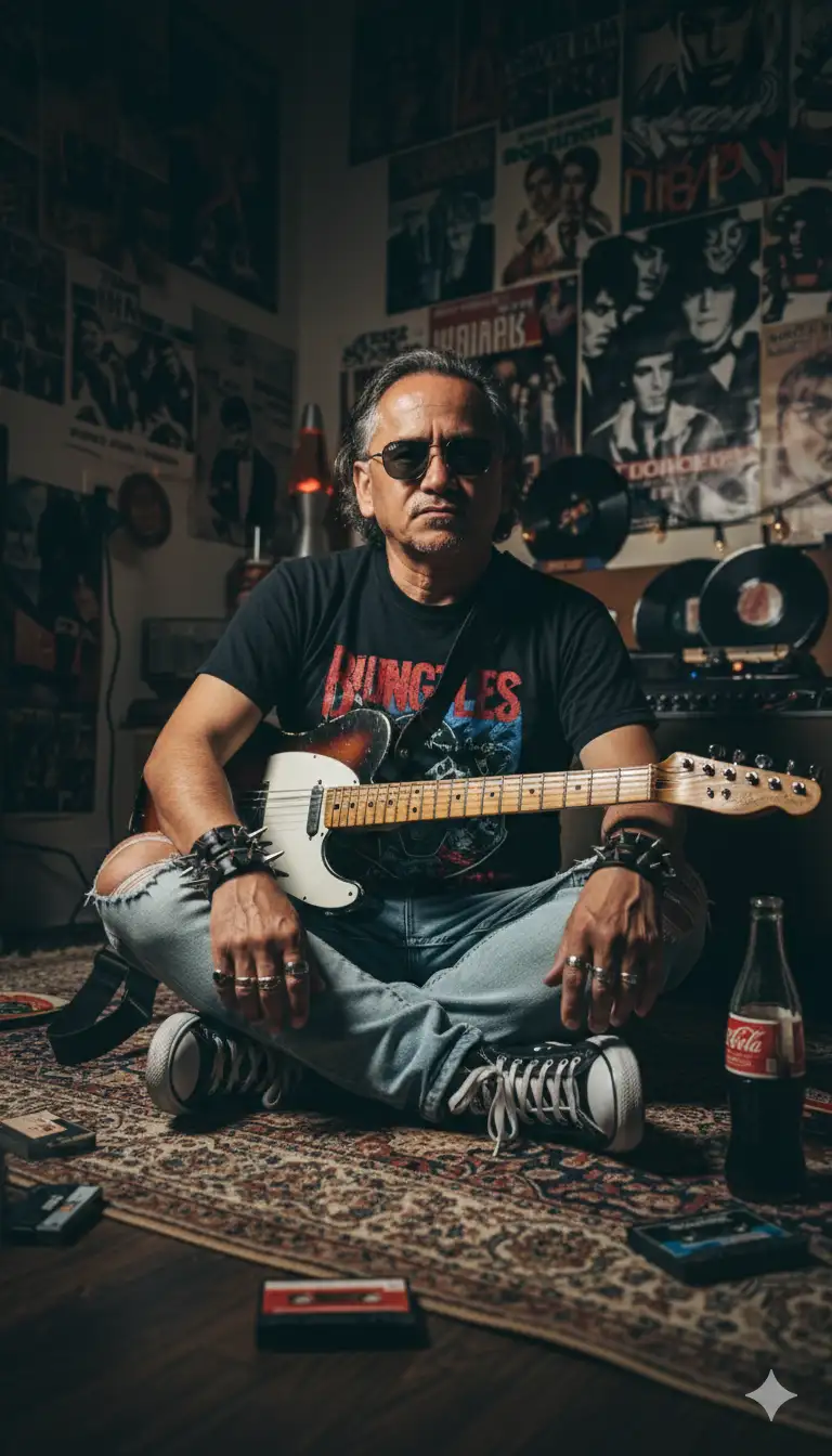 Escena interior inspirada en rock alternativo, foto adjunta con las mismas características de imagen proporcionadas con una camiseta gráfica negra, jeans rotos claros, Converse negras, pulseras y anillos con púas, guitarra eléctrica unida a su lado, sentada en una alfombra vintage rodeada de cintas de casete y botella de refresco.
Habitación poco iluminada con carteles grunge y rock y decoración retro, vibración temperamental y rebelde, aspecto cinematográfico audaz.
