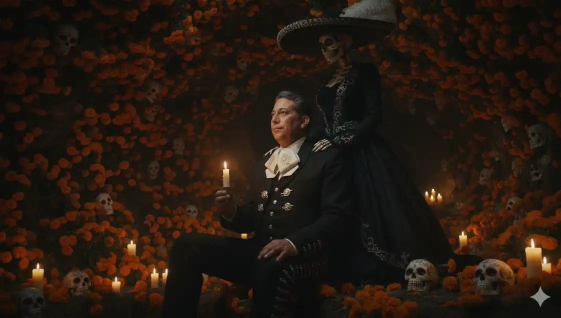 Toma una foto con un señor está de pie dentro de una cueva oscura de flores de cempasúchil, con la oscuridad de la noche iluminando su rostro con una vela. Lleva un traje de charro mexicano de gala con botones de plata, el señor con una expresión tranquila. El fondo contrasta con el color de la oscuridad. La foto tiene un tono estético melancólico, artístico y dramático, típico de los retratos editoriales (no cambie la forma del rostro). Iluminación: noche oscura Estado de ánimo: soñador, melancólico, sereno. Pose: sentado con los ojos abiertos Entorno: flores de cempasúchil miles de velas encendidas cráneos de azúcar y una catrina consolándolo. Ángulo de la cámara: vista lateral en ángulo bajo, el rostro del joven es claramente visible Estilo: cinematográfico, no cambies la cara.
