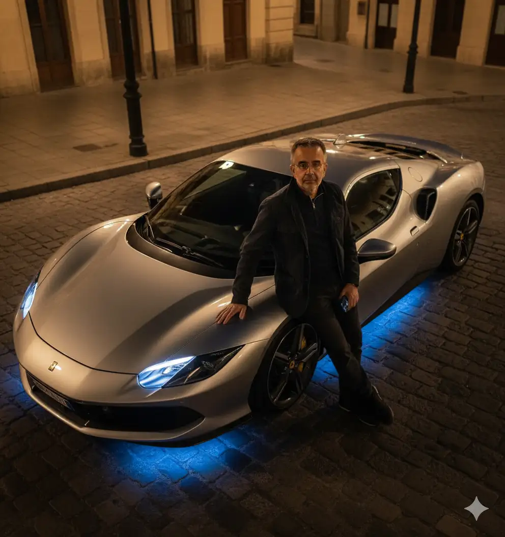 Crear una foto hiperrealista del
personaje dado apoyado en un Ferrari i2
cilindri con neón bajo brillo, tomada por
la noche bajo farolas,
Personaje frente a la cámara, foto
tomada desde un ángulo alto hacia
abajo, fotografia DSLR cinematográfica, 502
EOS R5, lente de 85 mm,f/1,4,ISO 400,
resolución 8k.