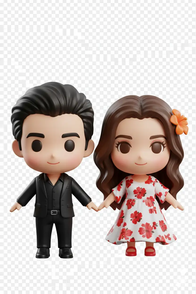 Take the input photo. Turn each subject into a hyper-stylized 3D render of a chibi style doll. The dolls should have an exaggerated, cute aesthetic with an oversized head, small round body, and stubby limbs. Recreate the hairstyle from the reference image in a silky, slightly simplified chibi style, matching the color and flow. Replicate the outfit exactly from the reference photo, including shapes, colors, and textures, but adapt them into a miniature chibi form for maximum cuteness and charm. Place the two dolls side by side, full body, holding hands with a slightly cartoonish chibi proportion — head-to-body ratio around 2:1 to emphasize cuteness. Place on a transparent background.Ratio 3:4.