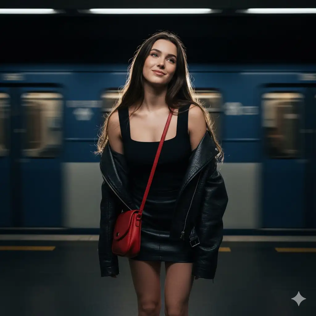 Taken a sudden burst of bright camera flash dramatically cleaves through the deep shadows of an empty metro station, spotlighting a young woman with long, glossy brunette hair cascading naturally over her shoulders. Her slender, average frame leans forward in a poised, playful stance, shoulders angled subtly while her face tilts upward and to the side, a mischievous smile softened by delicate lashes casting gentle shadows. She wears a fitted black top with a square neckline beneath an oversized, textured leather jacket slipping casually off one shoulder.
At her side, a vibrant red leather bag gleams smoothly, contrasting with her black leather mini skirt. The stark interplay between fierce flash illumination and enveloping darkness sculpts a cinematic atmosphere, emphasizing tangible details-from fabric weave to skin pores.
Balanced within a natural composition, the scene conveys confident yet introspective presence immersed in a subdued urban environment where sharp contrasts and nuanced shadows define an evocative mood. Blurry train passing in the background, hairy movement