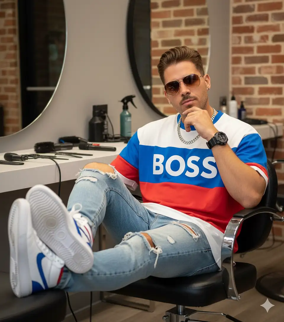 A handsome man (identical to the reference photo, maintaining the original facial features) with a relaxed street-style vibe, sitting in a beauty salon chair with both legs casually resting on the table. He is wearing an oversized white, blue and red Boss t-shirt, ripped light blue jeans, brown sunglasses, a silver chain necklace, a G-Shock watch on his wrist, and white high-top sneakers. His hair is styled simply in a neutral tone that complements his outfit. He leans back in a confident yet relaxed pose — one hand lightly touching his face, while the other rests on the armrest of the chair.
Style: Photorealistic, urban street style aesthetic.
Lighting: Natural indoor lighting with soft shadows and slightly warm tones, enhancing the relaxed atmosphere.
Composition: Medium shot, subject centered in a salon environment with mirrors, scattered beauty tools, and raw urban details.
Details: Realistic fabric textures (with the Boss logo clearly visible on the t-shirt), fine hair strand detailing, reflective sunglasses, metallic shine on the silver chain, details on the G-Shock watch, worn textures on the sneakers, and subtle skin shine. A confident expression with an effortless mood in a stylish urban setting.
Quality: High detail, 8K, masterpiece, cinematic photography.