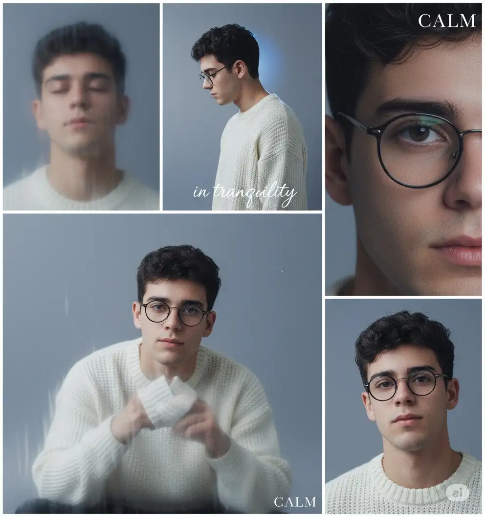 Panel 1 (Top Left): Close-up portrait, eyes gently closed, soft light illuminating the cheek. Foreground blurred like frosted glass. Text: faded serif “CALM” in the corner.
Panel 2 (Top Center): Profile pose, head slightly bowed, cool backlight gently wrapping the silhouette. Overlay: handwritten “in tranquility”.
Panel 3 (Top Right): Extreme close-up of one eye, 3/4 cool shadow framing it, film grain visible. Typography: minimal, small “CALM” at the bottom edge.
Panel 4 (Bottom Left, larger): Close-up while sitting, knitwear sleeves pulled over hands, soft gaze at the camera, calm and intimate aura.