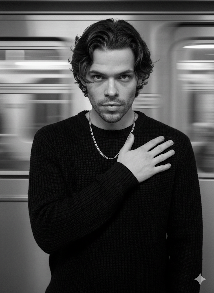 Create a black and white portrait of this young man standing in front of a moving subway train. he is a wearing a textured black sweater and a silver necklace. his hair is medium length and wavy, and his skin is fair and flawless. the lighting is soft but focused, highlighting his intense, serious experience. he stands centered, facing the camera with one hand held across his chest. the train is blurred in motion behind him for a dramatic effect. maintan a moody, cinematic tone