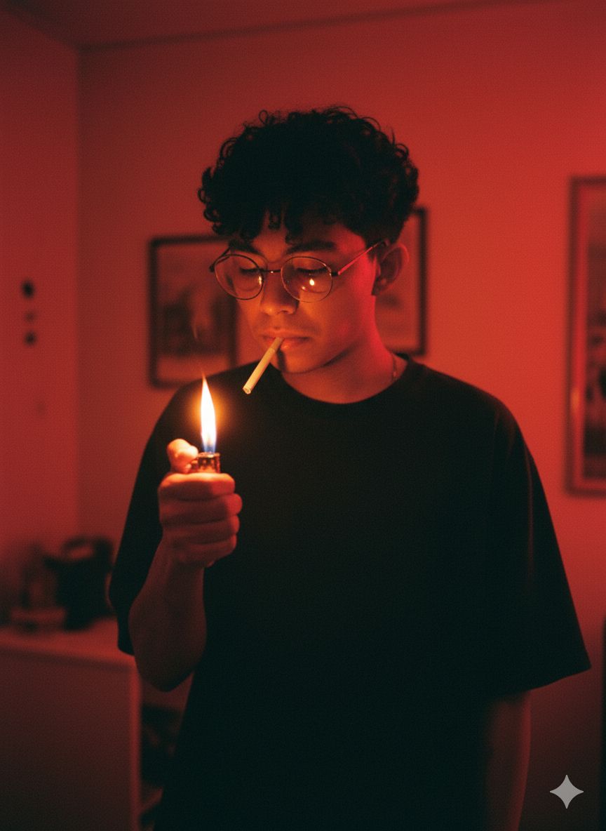 Cinematic medium shot of a person standing in a moody, intimate interior. Using the reference image as a STRICT source, preserve the EXACT likeness, facial structure, body proportions, and natural hair of the person.
The subject wears a loose-fitting, oversized black t-shirt. They are captured in a moment of poised anticipation: standing comfortably, one hand cups a lit metal lighter, protecting its flame from the air, while their head turns gently to bring the tip of an unlit cigarette in their mouth towards the heart of the fire. The scene is primarily illuminated by the intense, warm, and flickering glow of this single, shielded light source.
The entire scene is bathed in a deep, ambient red glow from an unseen light source outside the frame, enveloping the subject's silhouette and the room's atmosphere in a cinematic haze. This red ambient light merges with the warm tones of the lighter flame, creating a rich color contrast. The cupped hand creates a natural frame for the bright hotspot of the flame, which casts dramatic, dancing shadows that sculpt the person's face, hand, and upper body, highlighting a natural, focused and anticipatory expression. The unlit cigarette is visibly pristine, moments away from touching the flame.
The atmosphere is intimate, contemplative, and charged with silent anticipation. Shot on 35mm film with a fast normal lens, wide aperture, emulating the aesthetic of 1990s Wong Kar-wai cinema with its rich color saturation and cinematic motion blur.
cinematic, 35mm film, Wong Kar-wai style, Chungking Express, dramatic lighting, dual lighting, red ambient glow, warm highlights, cool shadows, film noir, cigarette, lighter, fire, intimate portrait, color contrast, motion blur, grain, hyperrealistic, natural pose --v 6.0 --style raw --ar 4:5