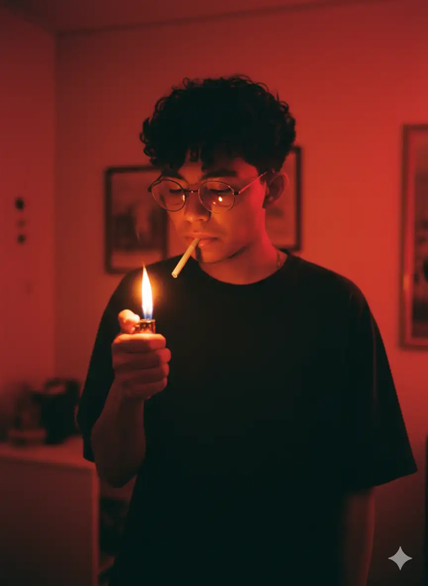 Cinematic medium shot of a person standing in a moody, intimate interior. Using the reference image as a STRICT source, preserve the EXACT likeness, facial structure, body proportions, and natural hair of the person.
The subject wears a loose-fitting, oversized black t-shirt. They are captured in a moment of poised anticipation: standing comfortably, one hand cups a lit metal lighter, protecting its flame from the air, while their head turns gently to bring the tip of an unlit cigarette in their mouth towards the heart of the fire. The scene is primarily illuminated by the intense, warm, and flickering glow of this single, shielded light source.
The entire scene is bathed in a deep, ambient red glow from an unseen light source outside the frame, enveloping the subject's silhouette and the room's atmosphere in a cinematic haze. This red ambient light merges with the warm tones of the lighter flame, creating a rich color contrast. The cupped hand creates a natural frame for the bright hotspot of the flame, which casts dramatic, dancing shadows that sculpt the person's face, hand, and upper body, highlighting a natural, focused and anticipatory expression. The unlit cigarette is visibly pristine, moments away from touching the flame.
The atmosphere is intimate, contemplative, and charged with silent anticipation. Shot on 35mm film with a fast normal lens, wide aperture, emulating the aesthetic of 1990s Wong Kar-wai cinema with its rich color saturation and cinematic motion blur.
cinematic, 35mm film, Wong Kar-wai style, Chungking Express, dramatic lighting, dual lighting, red ambient glow, warm highlights, cool shadows, film noir, cigarette, lighter, fire, intimate portrait, color contrast, motion blur, grain, hyperrealistic, natural pose --v 6.0 --style raw --ar 4:5