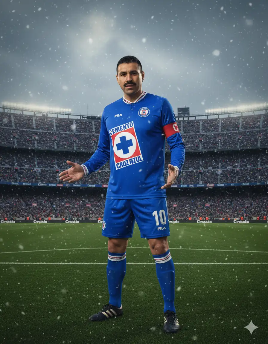 Convierte la foto en un jugador de fútbol masculino del equipo (), respeta al 100% los rasgos faciales y el cabello, debe estar parado en el campo del Camp Nou (Barcelona).
Lleva un uniforme del equipo de fútbol (adjunto foto del jersey para su referencia), shorts azules y zapatos negros con detalles en dorado. Aparece de pie con una pose segura y las manos ligeramente levantadas. Su expresión facial es seria y atractiva. Su cuerpo es atlético como el de un futbolista. A su alrededor hay muchos espectadores vestidos con ropa de varios colores.
El campo verde con el fondo del estadio abarrotado se ve nublado y está cayendo nieve ligera. La iluminación es tenue, dando la impresión de un ambiente de tarde o noche. La composición de la imagen muestra la tensión de los jugadores y el fondo del estadio. Hay un número "10" en su uniforme y está usando el gafete de capitan. Iluminación realista de la imagen. Proporción 9:16