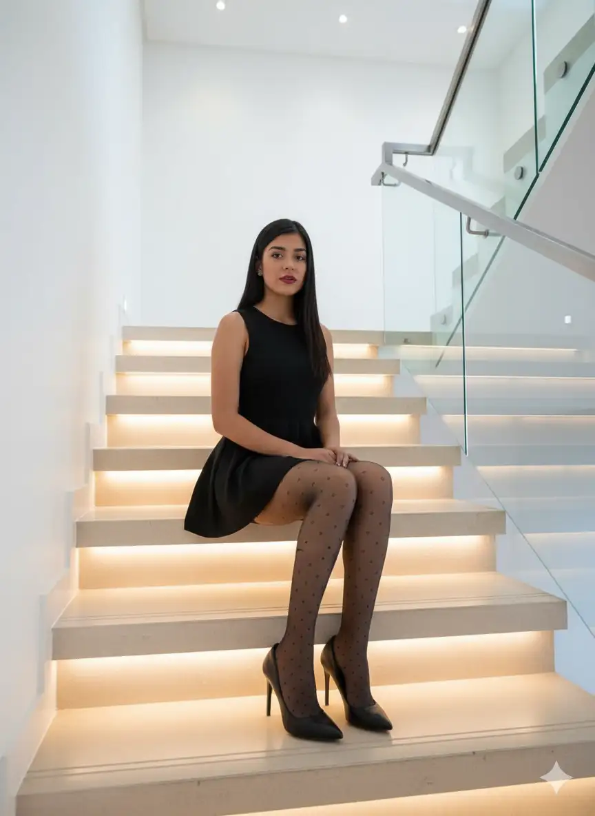 crea una imagen hiperealista, 8k, con la sigueinte imagen de modelo, aplicando esta descripcion:
Sujeto principal: Una mujer joven, de tez clara y cabello oscuro liso que le cae sobre los hombros. Sus rasgos faciales son delicados, con ojos oscuros y labios pintados de un tono rojizo o rosado intenso. Su expresión es seria y segura, mirando directamente a la cámara.
Vestimenta: Viste un vestido negro sin mangas, de corte simple y falda ligeramente acampanada que llega hasta la mitad del muslo. Lleva medias de patrón oscuro con pequeños rombos o puntos, lo que le añade un toque distintivo a su atuendo. Sus zapatos son de tacón alto y color negro, elegantes y puntiagudos.
Pose: La mujer está sentada en el cuarto o quinto escalón desde abajo, con las piernas cruzadas y las manos apoyadas en sus muslos. Su cuerpo está ligeramente girado hacia la izquierda, pero su rostro mira de frente al espectador, transmitiendo una sensación de confianza y serenidad.
Entorno: La escalera es el elemento central del fondo. Es de diseño contemporáneo, con escalones anchos y lisos que parecen estar hechos de un material claro, posiblemente madera clara o piedra pulida. Cada escalón tiene una tira de luz LED integrada en el borde, lo que crea un efecto luminoso y ambiental muy atractivo.
Barandilla: Una barandilla de cristal transparente con soportes metálicos plateados acompaña la escalera, contribuyendo a la estética minimalista y moderna del espacio.
Fondo: El fondo detrás de la mujer y la escalera es una pared de color blanco liso, que enfatiza aún más el diseño limpio y moderno del lugar. En la parte superior de la imagen se pueden ver algunas luces empotradas en el techo.
Iluminación: La iluminación principal proviene de las tiras LED de los escalones, creando un brillo suave y cálido que ilumina el área alrededor de la mujer. También hay una iluminación general difusa que resalta los contornos de la mujer y el entorno sin crear sombras duras.
Estilo general: La fotografía tiene un estilo elegante y sofisticado, con un enfoque en la moda y el diseño interior moderno. La composición es equilibrada, y la pose de la mujer es natural y atractiva.